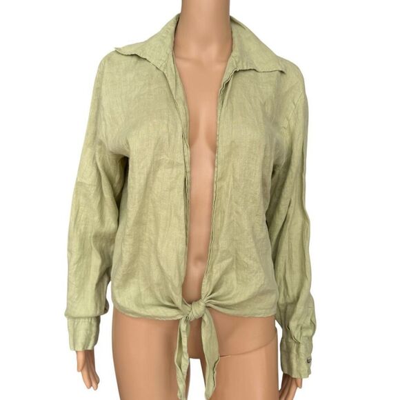 Chico's Design 100% Linen lime green Blouse Tie Front Top blouse size 2/L - Picture 1 of 6